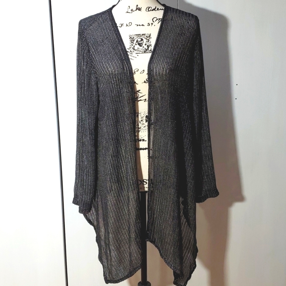 Chico's Travelers Lightweight Black Silver Shimmer Open Cardigan Kimono Sz.Large
